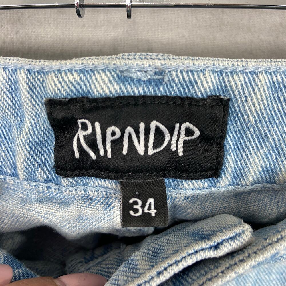 RIPNDIP Jeans Men's 34 Cut Knee Patches Cat Peace No Love Denim - Picture 3 of 8